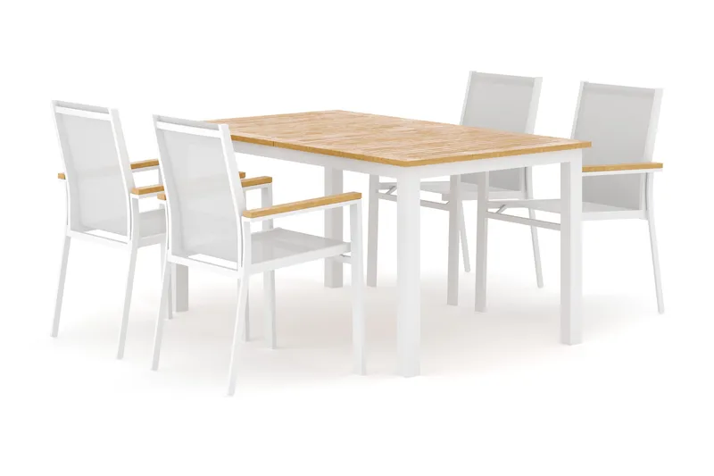 Las Vegas utendørs spisegruppe, uttrekkbar 152-210x90 cm med 4 Las Vegas stable stoler, Hvit