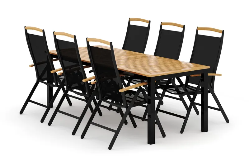 Las Vegas utendørs spisegruppe, uttrekkbar 220x280x100 cm med 6 Las Vegas regulerbare stoler - Svart - Hagemøbler - Hagegruppe - Spisegrupper hage