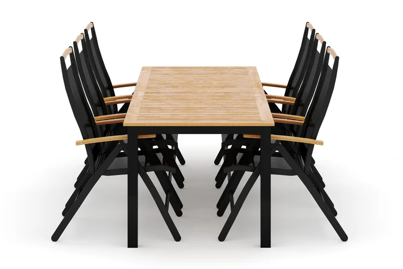 Las Vegas utendørs spisegruppe, uttrekkbar 220x280x100 cm med 6 Las Vegas regulerbare stoler, Svart