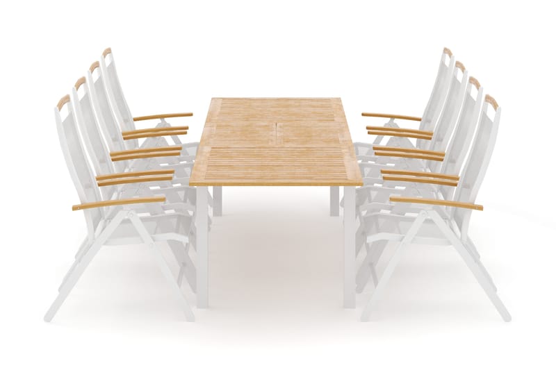 Las Vegas utendørs spisegruppe, uttrekkbar 220x280x100 cm med 8 Las Vegas regulerbare stoler, Hvit