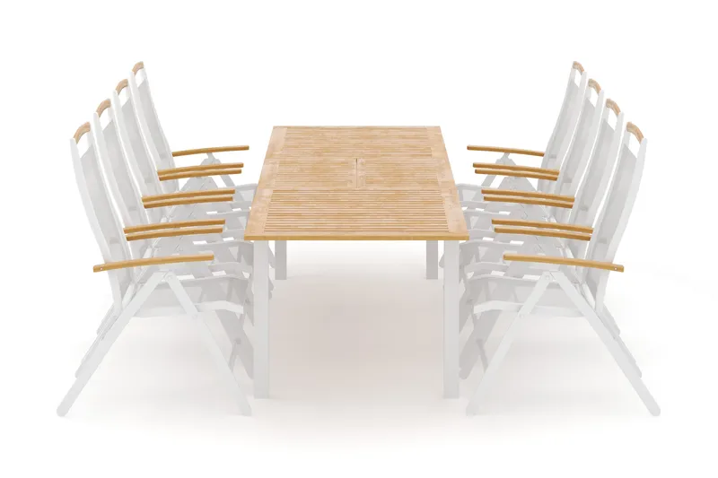 Las Vegas utendørs spisegruppe, uttrekkbar 220x280x100 cm med 8 Las Vegas regulerbare stoler, Hvit