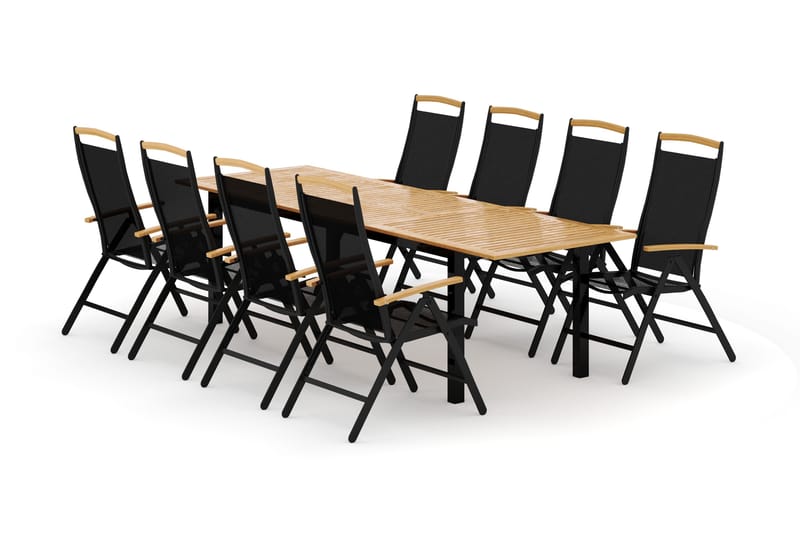 Las Vegas utendørs spisegruppe, uttrekkbar 220x280x100 cm med 8 Las Vegas regulerbare stoler - Svart - Hagemøbler - Hagegruppe - Spisegrupper hage