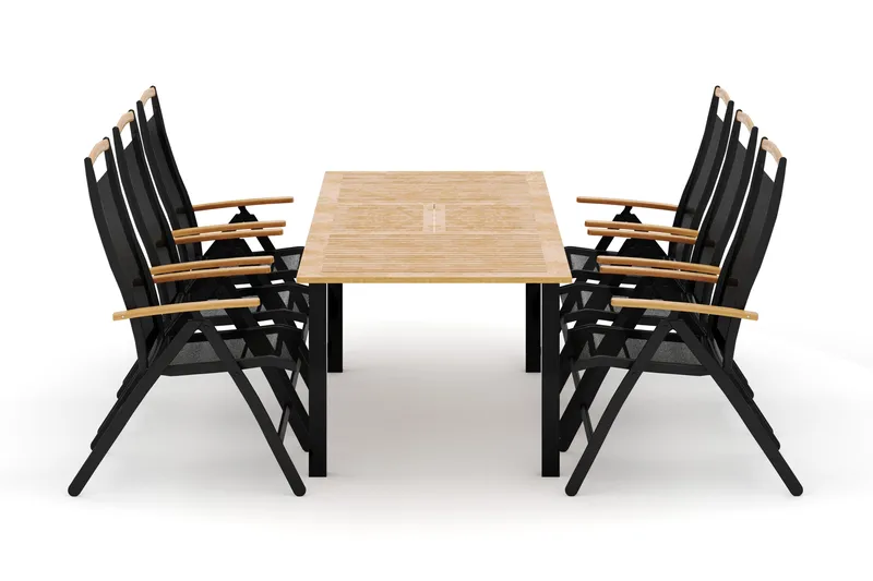 Las Vegas utendørs spisegruppe uttrekkbar 152-210x90 cm med 6 Las Vegas posisjonsstoler, Svart