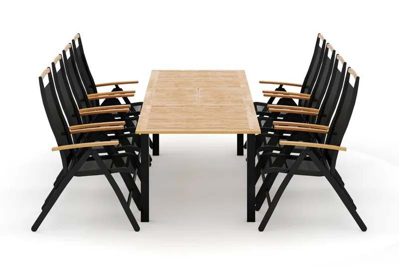 Las Vegas utendørs spisegruppe uttrekkbar 220x280x100 cm med 8 Las Vegas posisjonsstoler, Svart