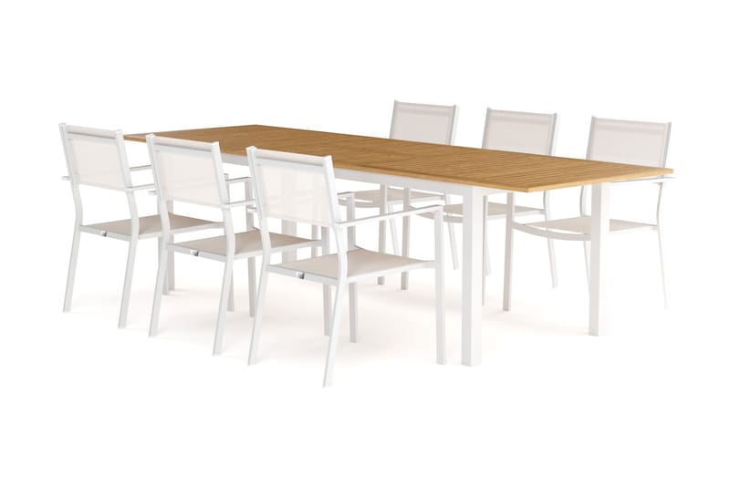 Las Vegas Uttrekkbart Spisebord 220-280 cm med 6 Las Vegas Armstoler - Natur/Hvit - Hagemøbler - Hagegruppe - Spisegrupper hage