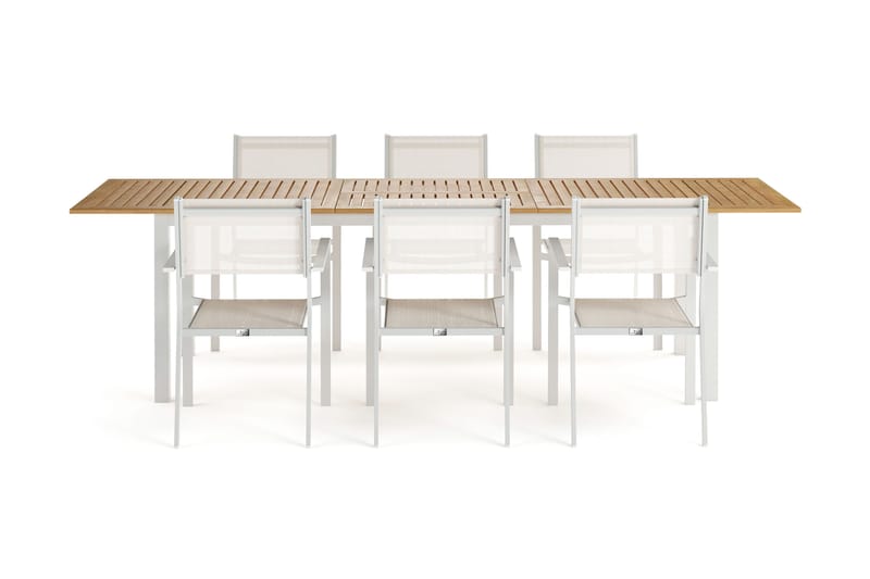 Las Vegas Uttrekkbart Spisebord 220-280 cm med 6 Las Vegas Armstoler - Natur/Hvit - Hagemøbler - Hagegruppe - Spisegrupper hage