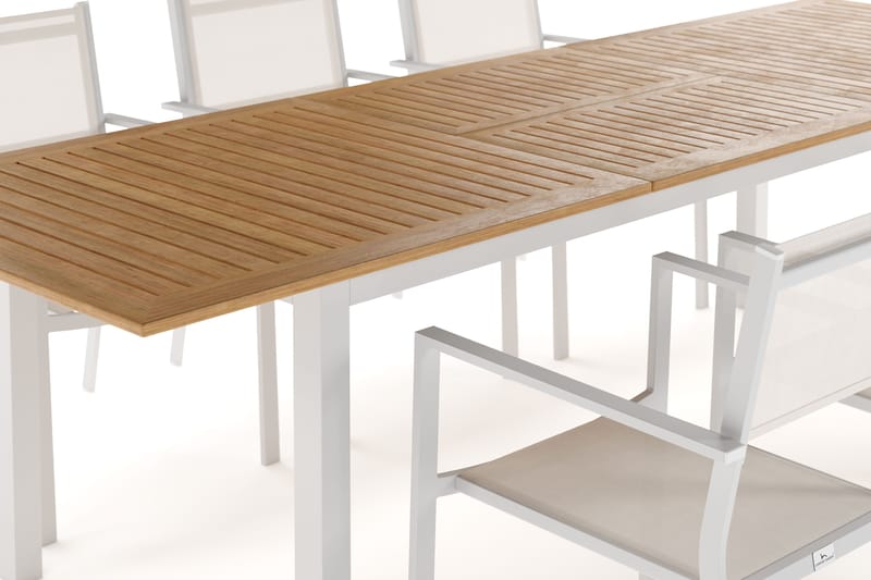 Las Vegas Uttrekkbart Spisebord 220-280 cm med 6 Las Vegas Armstoler - Natur/Hvit - Hagemøbler - Hagegruppe - Spisegrupper hage