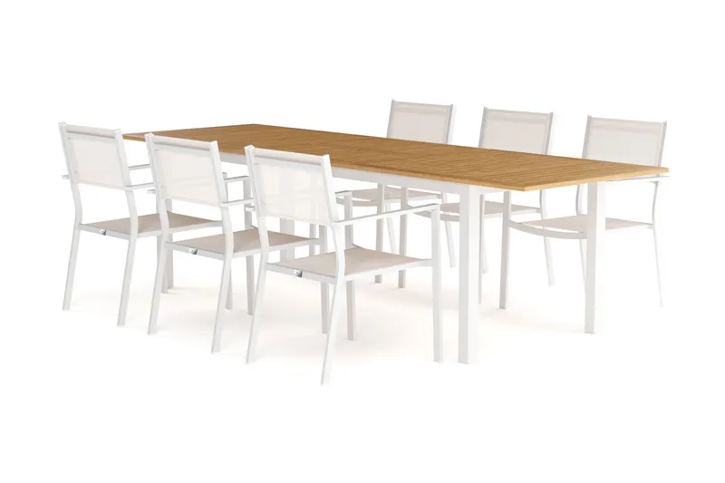 Las Vegas Uttrekkbart Spisebord 220-280 cm med 6 Tunis Armstoler - Natur/Hvit - Hagemøbler - Hagegruppe - Spisegrupper hage