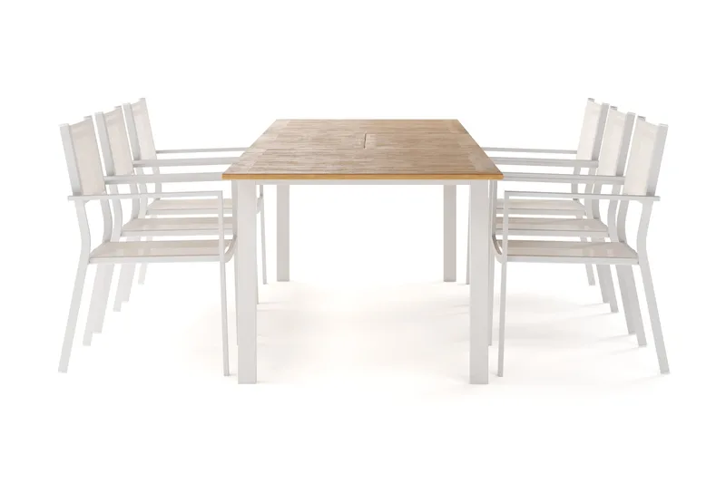 Las Vegas Uttrekkbart Spisebord 220-280 cm med 6 Tunis Armstoler, Natur/Hvit