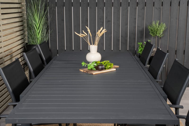 Marbella Spisegruppe 160-240 cm Rektangulær med 8 Santorini Stoler - Svart - Hagemøbler - Hagegruppe - Spisegrupper hage