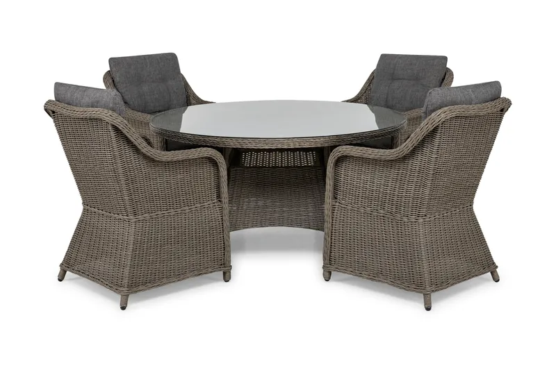 Marcus Spisegruppe 140 Rund + 4 Lenestoler m Pute - Grå - Hagemøbler - Hagegruppe - Spisegrupper hage