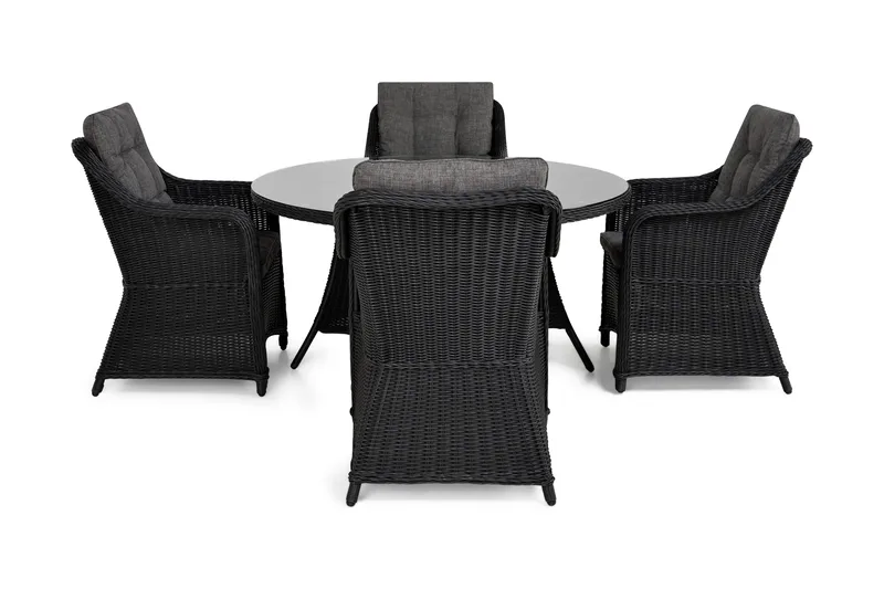 Marcus Spisegruppe 140 Rund + 4 Lenestoler m Pute, Svart