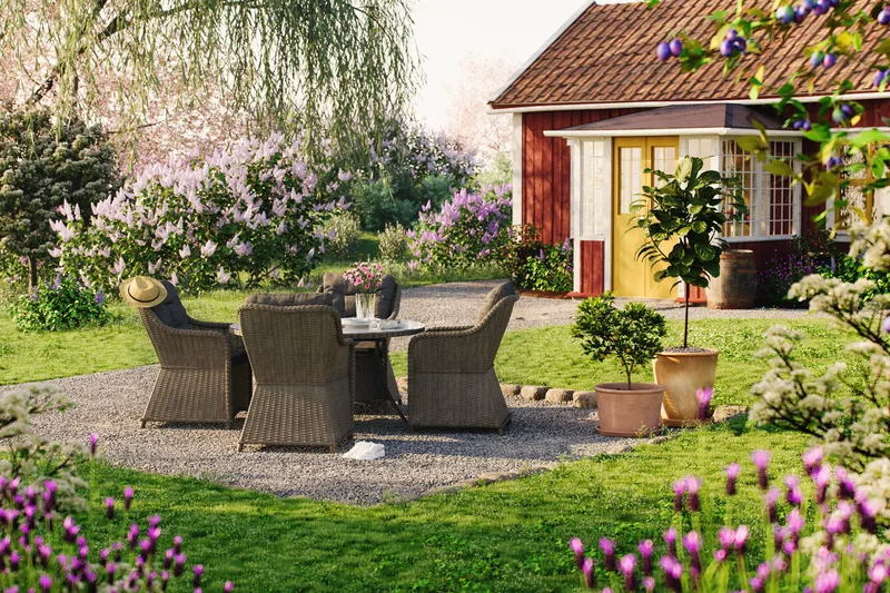 Marcus Spisegruppe 140 Rund + 4 Lenestoler m Pute - Grå - Hagemøbler - Hagegruppe - Spisegrupper hage