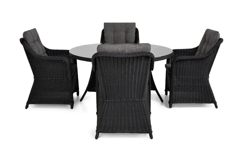 Marcus Spisegruppe 140 Rund + 4 Lenestoler m Pute - Svart - Hagemøbler - Hagegruppe - Spisegrupper hage