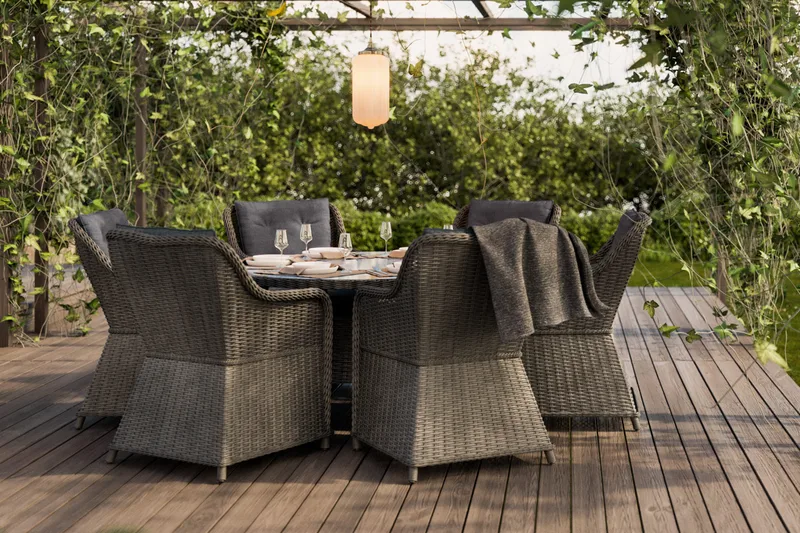 Marcus Spisegruppe 140 Rund + 6 Lenestoler m Pute - Grå - Hagemøbler - Hagegruppe - Spisegrupper hage