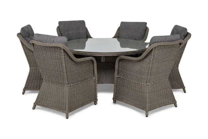 Marcus Spisegruppe 140 Rund + 6 Lenestoler m Pute, Grå
