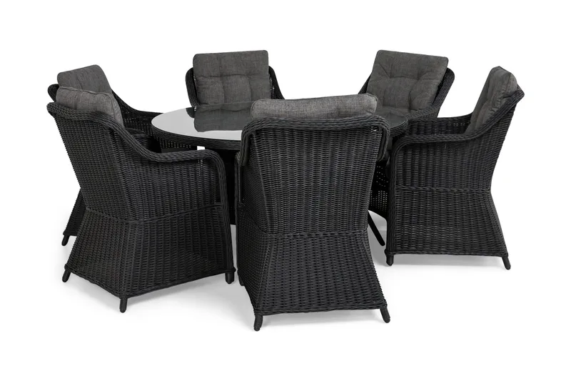 Marcus Spisegruppe 140 Rund + 6 Lenestoler m Pute - Svart - Hagemøbler - Hagegruppe - Spisegrupper hage