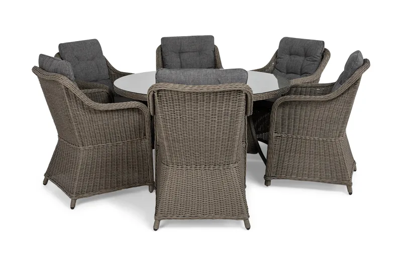 Marcus Spisegruppe 140 Rund + 6 Lenestoler m Pute - Grå - Hagemøbler - Hagegruppe - Spisegrupper hage