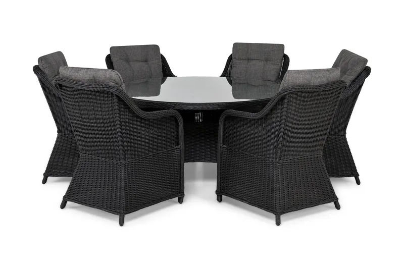 Marcus Spisegruppe 140 Rund + 6 Lenestoler m Pute, Svart