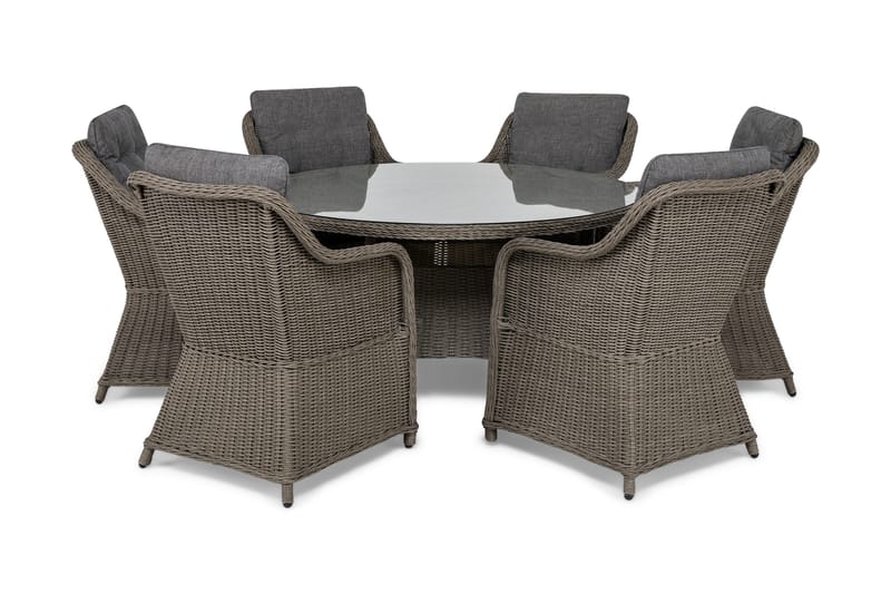 Marcus Spisegruppe 140 Rund + 6 Lenestoler m Pute - Grå - Hagemøbler - Hagegruppe - Spisegrupper hage