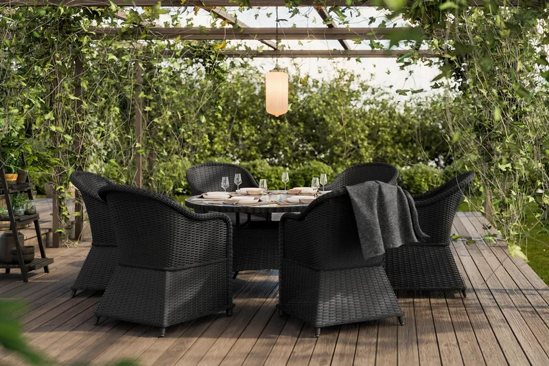 Marcus Spisegruppe 140 Rund + 6 Light Lenestoler m Pute - Svart - Hagemøbler - Hagegruppe - Spisegrupper hage