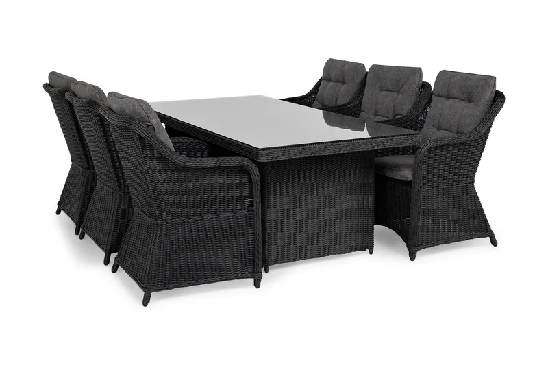 Marcus Spisegruppe 200 + 6 Lenestoler m Pute - Svart - Hagemøbler - Hagegruppe - Spisegrupper hage