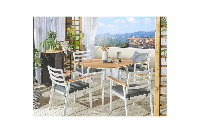 Matsalsset Beliani Cavoli Vit/ljust trä/beige White||Light wood||Grey - Hagemøbler - Hagegruppe - Spisegrupper hage