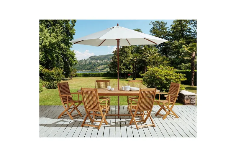 Matsalsset Beliani Maui med parasoll 8-sits Ljus trä/beige Light wood||Beige - Hagemøbler - Hagegruppe - Spisegrupper hage