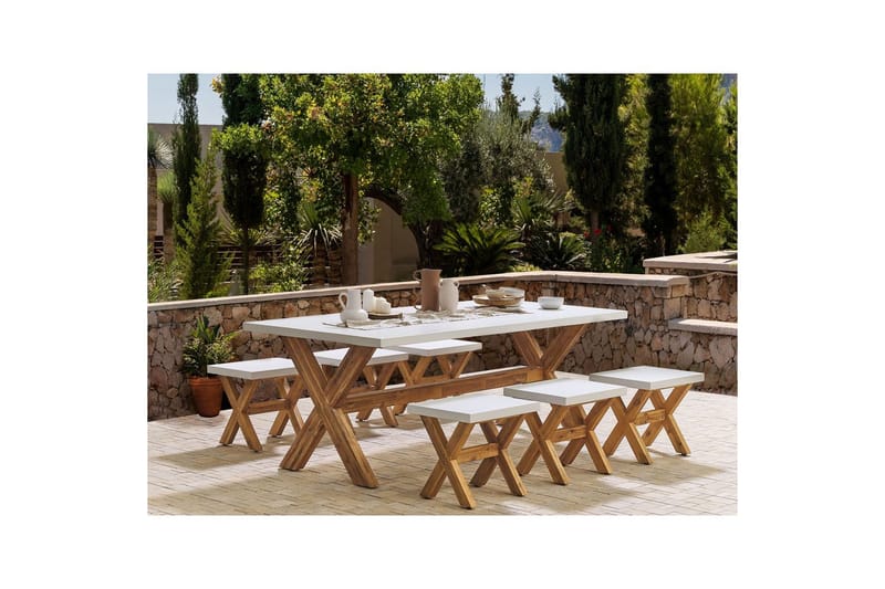 Matsalsset Beliani Olbia 6-Sits White||Light wood - Hagemøbler - Hagegruppe - Spisegrupper hage