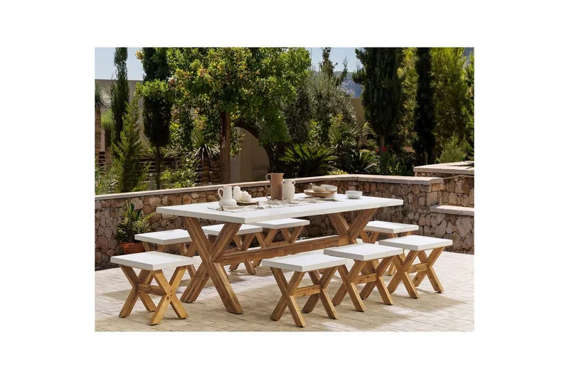 Matsalsset Beliani Olbia 8-Sits White||Light wood - Hagemøbler - Hagegruppe - Spisegrupper hage
