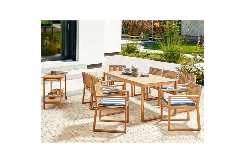Matsalsset Beliani Sassari II 8-Sits Light wood||Navy blue||White - Hagemøbler - Hagegruppe - Spisegrupper hage