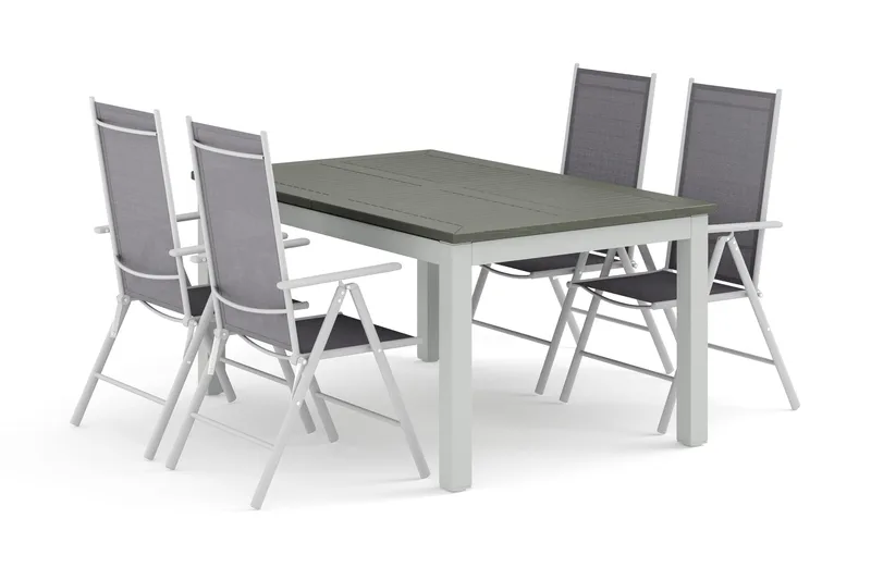 Monaco utendørs spisegruppe, uttrekkbar 150–250x90 med 4 Maggie regulerbare stoler, Hvit/Grå
