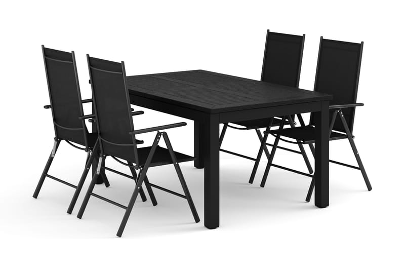 Monaco utendørs spisegruppe, uttrekkbar 150–250x90 med 4 Maggie regulerbare stoler, Svart/Grå