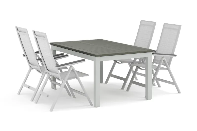 Monaco utendørs spisegruppe, uttrekkbar 150–250x90 med 4 Monaco Light regulerbare stoler, Hvit/Grå