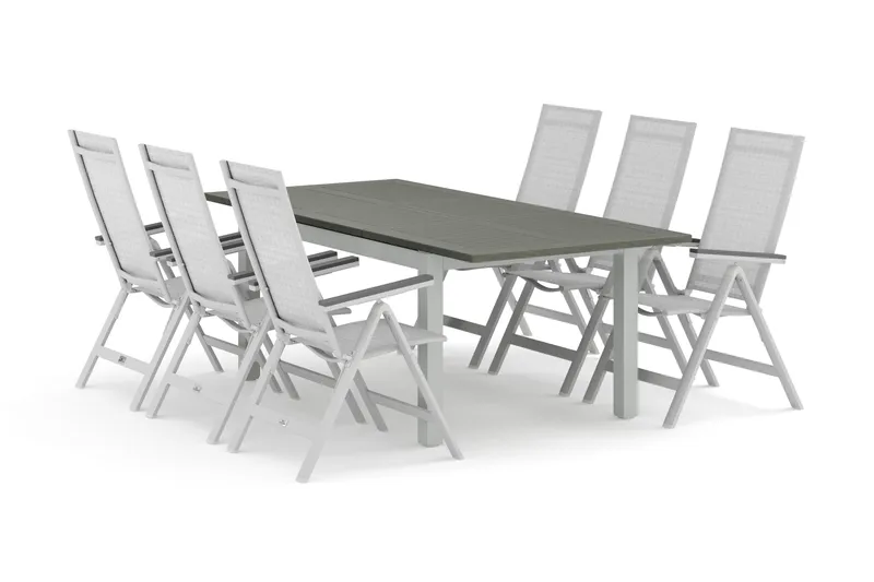Monaco utendørs spisegruppe, uttrekkbar 150–250x90 med 6 Monaco Light regulerbare stoler, Hvit/Grå