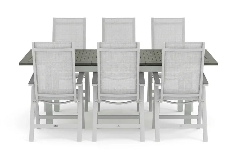 Monaco utendørs spisegruppe, uttrekkbar 150–250x90 med 6 Monaco Light regulerbare stoler - Hvit/Grå - Hagemøbler - Hagegruppe - Spisegrupper hage
