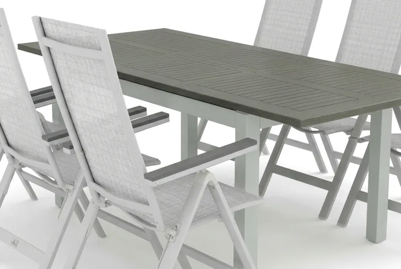 Monaco utendørs spisegruppe, uttrekkbar 150–250x90 med 6 Monaco Light regulerbare stoler - Hvit/Grå - Hagemøbler - Hagegruppe - Spisegrupper hage
