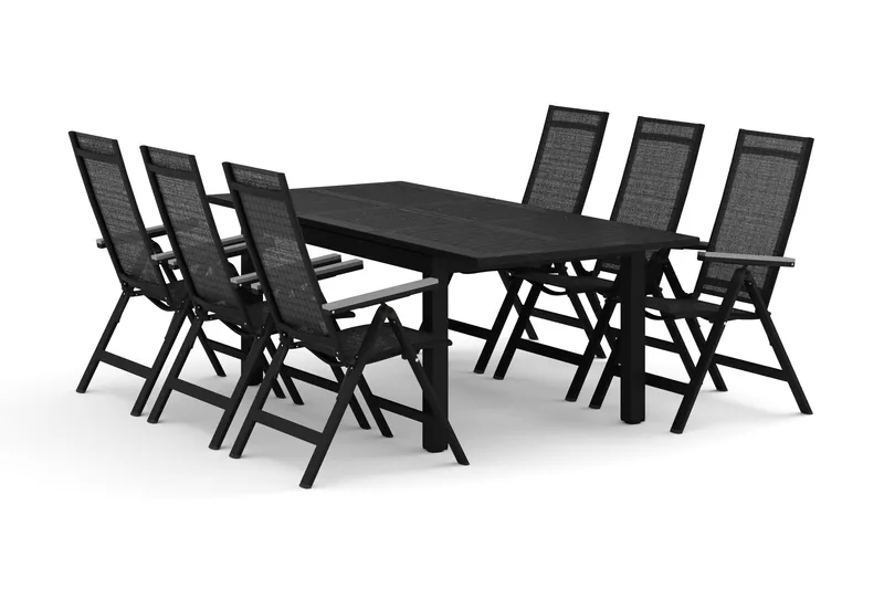 Monaco utendørs spisegruppe, uttrekkbar 150–250x90 med 6 Monaco Light regulerbare stoler, Svart/Grå