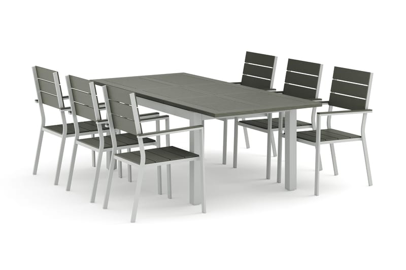 Monaco utendørs spisegruppe, uttrekkbar 150–250x90 med 6 Tunis stablestoler, Hvit/Grå
