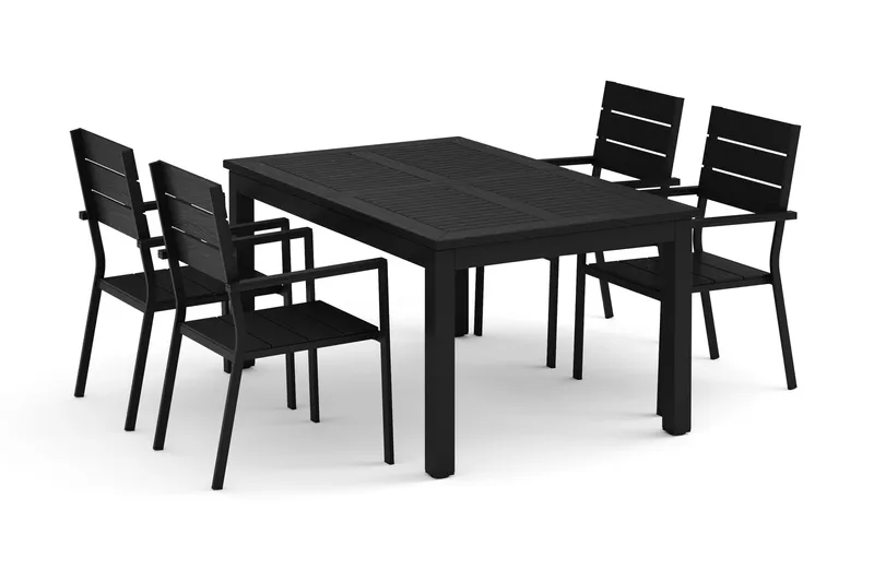 Monaco utendørs spisegruppe, uttrekkbar 150-250x90 med 4 Tunis stablestoler, Svart/Grå