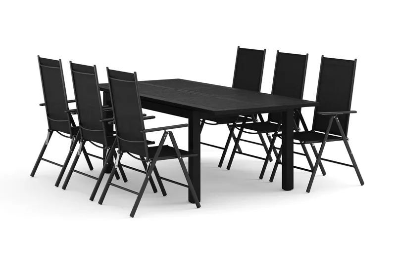 Monaco utendørs spisegruppe, uttrekkbar 150-250x90 med 6 Maggie regulerbare stoler - Svart/Grå - Hagemøbler - Hagegruppe - Spisegrupper hage