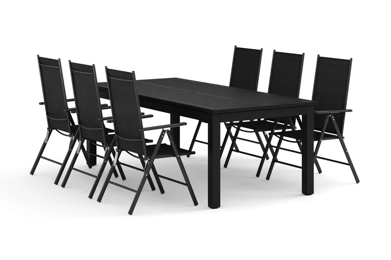 Monaco utendørs spisegruppe, uttrekkbar 210/310x90 med 6 Maggie regulerbare stoler, Svart/Grå
