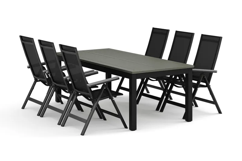 Monaco utendørs spisegruppe, uttrekkbar 210/310x90 med 6 Monaco Light regulerbare stoler, Svart/Grå