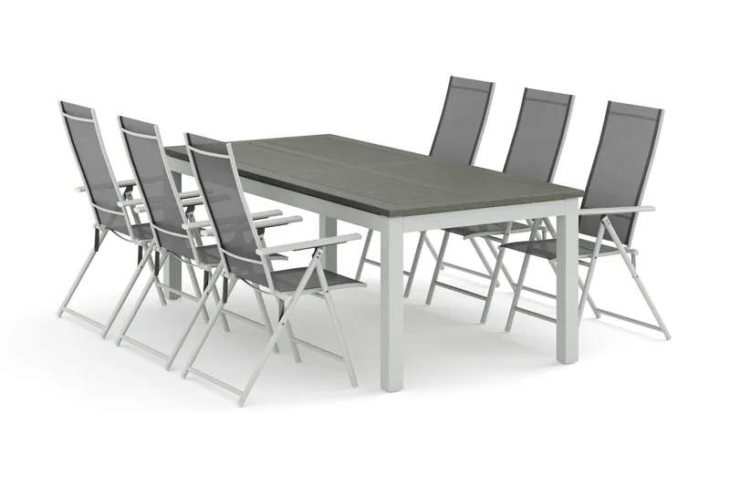 Monaco utendørs spisegruppe, uttrekkbar 210/310x90 med 6 Sanna regulerbare stoler - Hvit/Grå - Hagemøbler - Hagegruppe - Spisegrupper hage