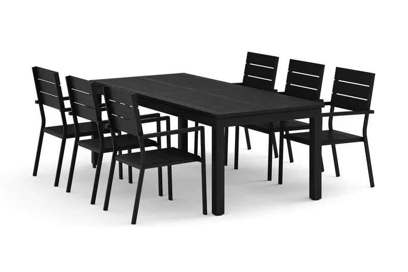 Monaco utendørs spisegruppe, uttrekkbar 210/310x90 med 6 Tunis stablestoler, Svart/Grå