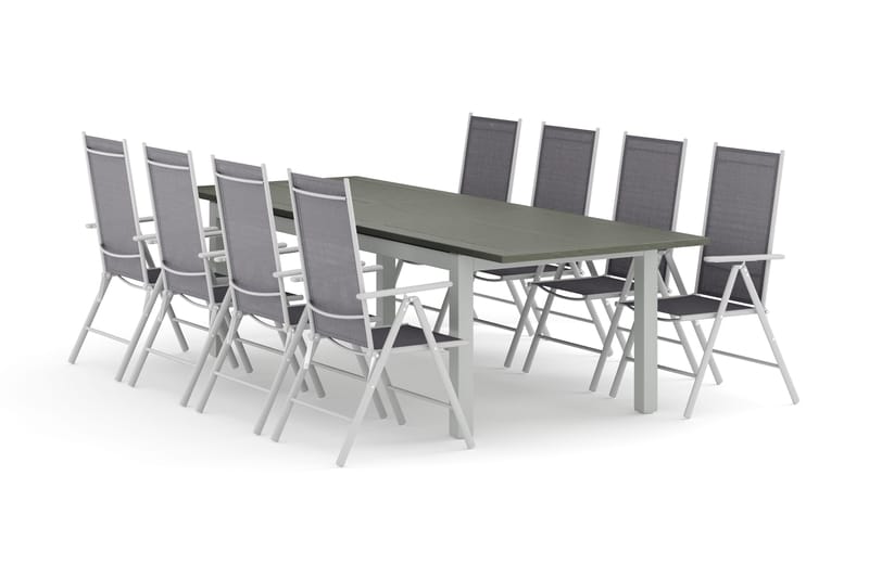 Monaco utendørs spisegruppe, uttrekkbar 210/310x90 med 8 Maggie regulerbare stoler, Hvit/Grå