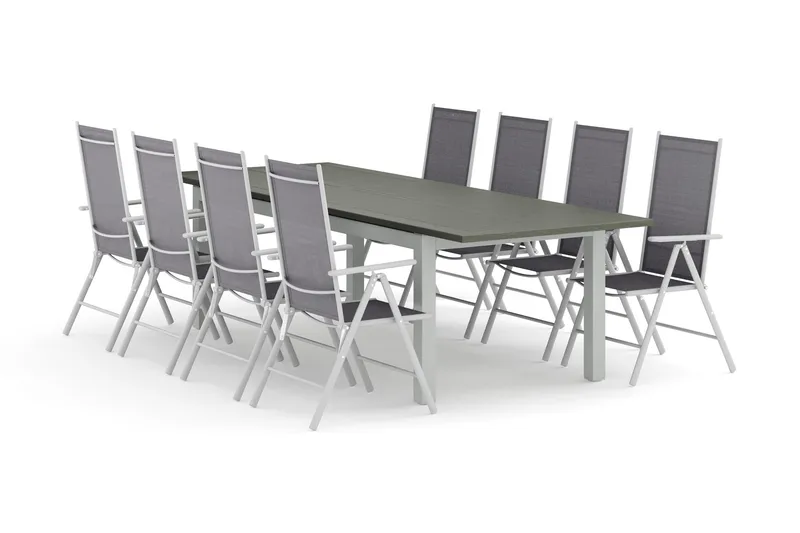 Monaco utendørs spisegruppe, uttrekkbar 210/310x90 med 8 Maggie regulerbare stoler, Hvit/Grå