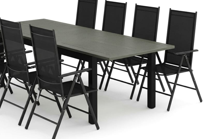 Monaco utendørs spisegruppe, uttrekkbar 210/310x90 med 8 Maggie regulerbare stoler - Svart/Grå - Hagemøbler - Hagegruppe - Spisegrupper hage