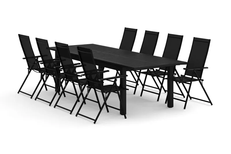Monaco utendørs spisegruppe, uttrekkbar 210/310x90 med 8 Sanna regulerbare stoler, Svart/Grå