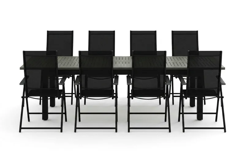 Monaco utendørs spisegruppe, uttrekkbar 210/310x90 med 8 Sanna regulerbare stoler - Svart/Grå - Hagemøbler - Hagegruppe - Spisegrupper hage